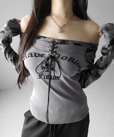 ヴィンテージカモフラロゴオフショルロンT ／vintage camouflage logo off-shoulder long-sleeve T-shirt