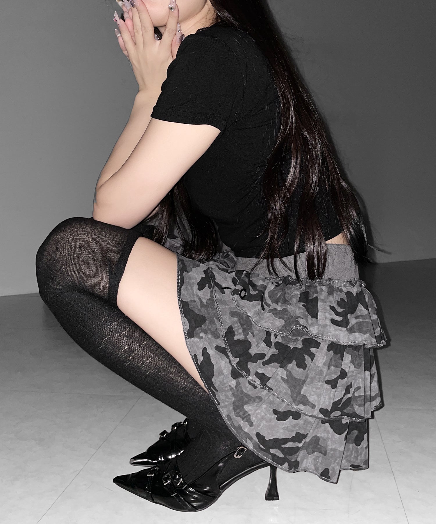【 インパン裏地付 】ヴィンテージカモフラ迷彩フリルミニスカート ／ vintage camouflage frill mini skirt