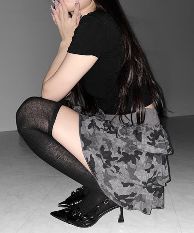 【 インパン裏地付 】ヴィンテージカモフラ迷彩フリルミニスカート ／ vintage camouflage frill mini skirt