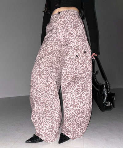 ヴィンテージライクピンクレオパードバレルカーゴパンツ ／ vintage like pink leopard barrel cargo pants