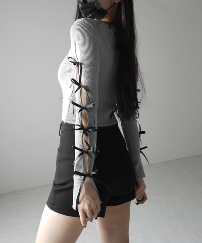 【 ２color 】カットアウトリボンショートリブニット ／ cut out ribbon short rib knit
