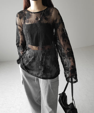 【 ２color 】ビッグシルエットシアーレーストップス ／ big silhouette sheer lace tops