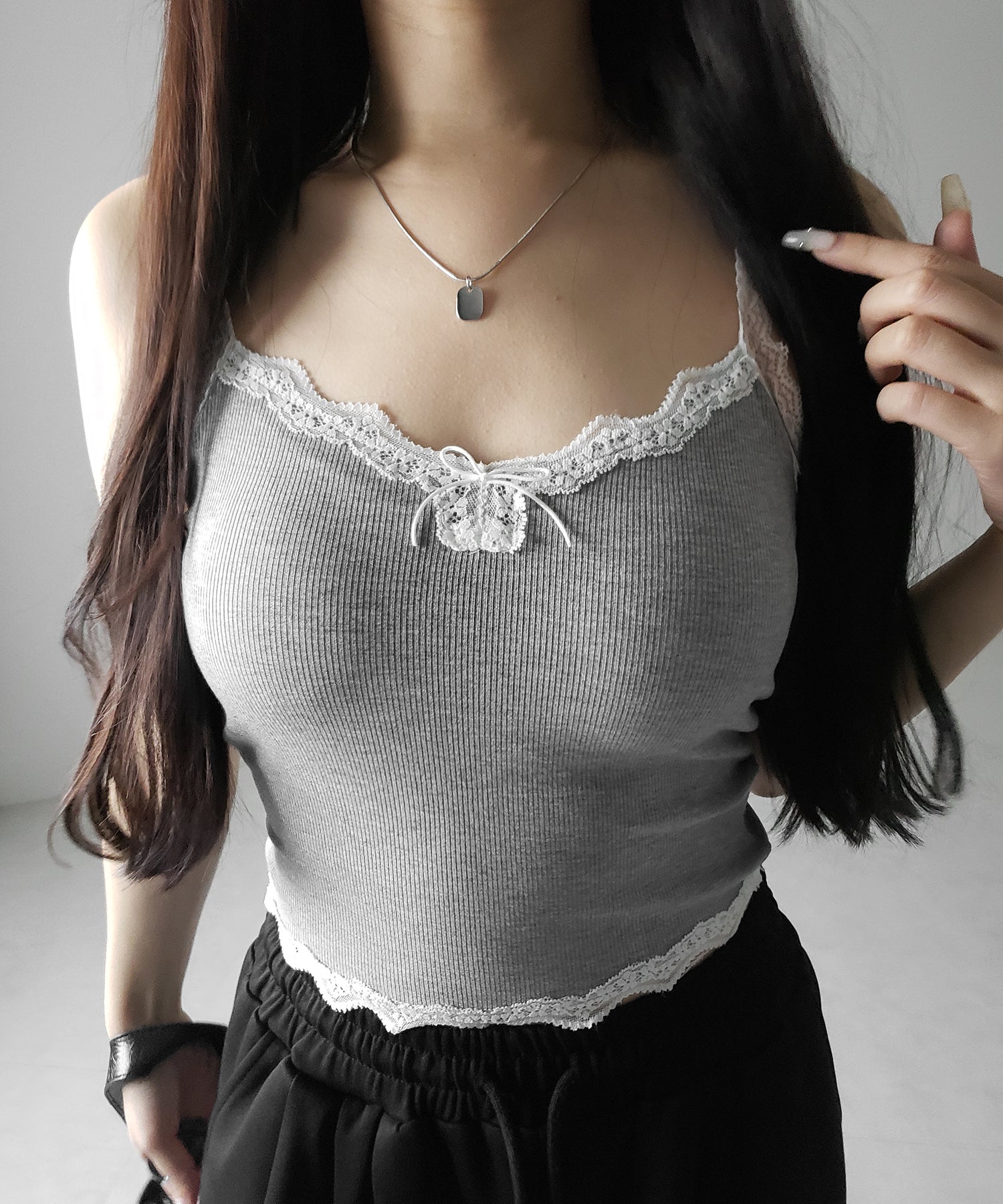 【 ３color 】バイカラーレースクロップドリブキャミソール ／ bicolor lace cropped rib camisole