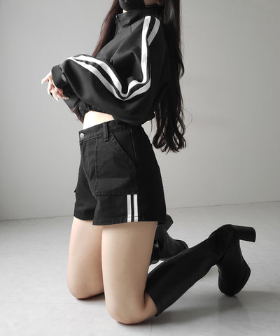 【 ２color 】サイドラインハイウエストデニムショートパンツ ／ sideline highwaist denim short pants