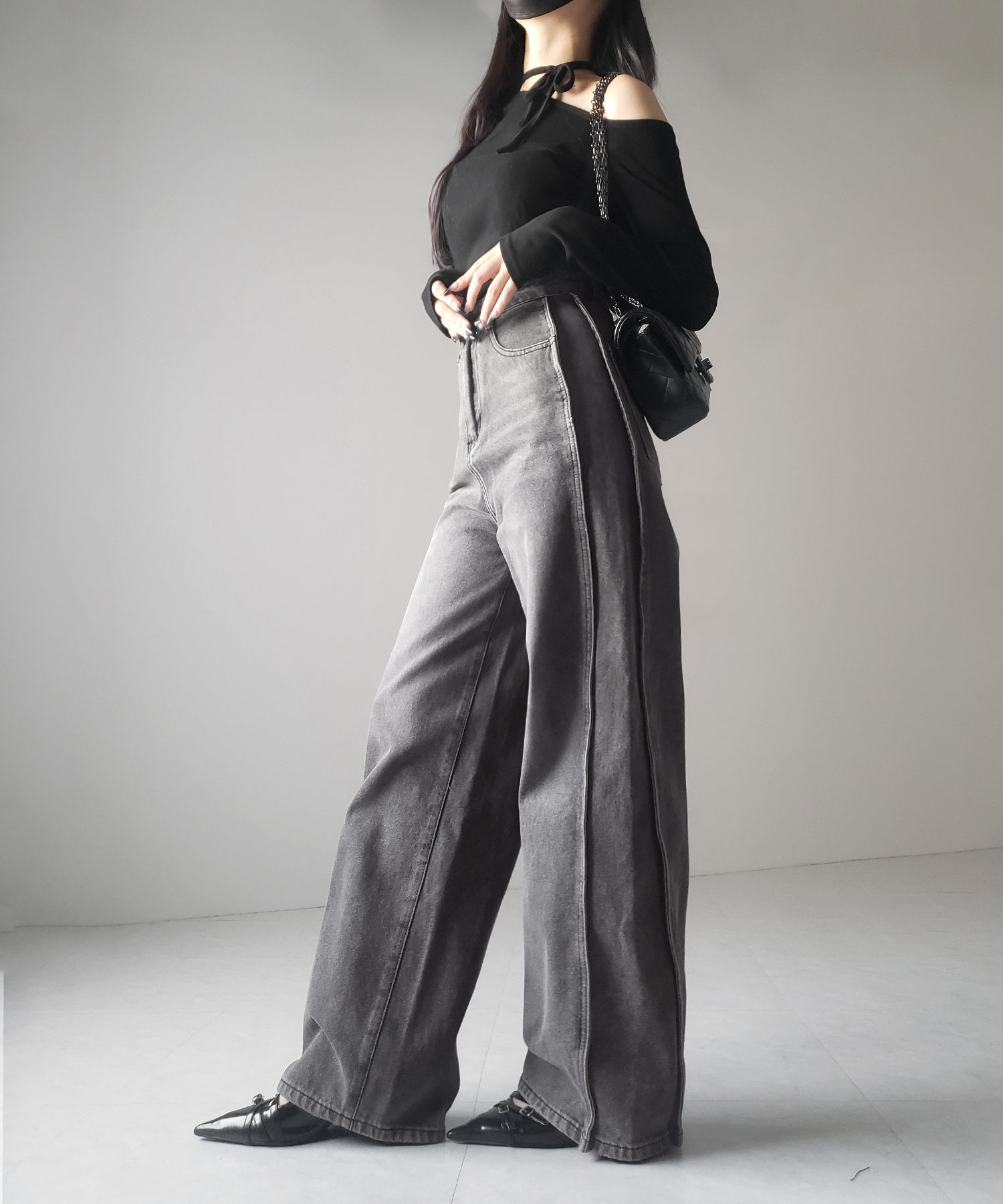 【 ３color ／ ４size 】サイドタック切替ハイウエストストレートデニム ／side tack kirikae highwaist straight denim