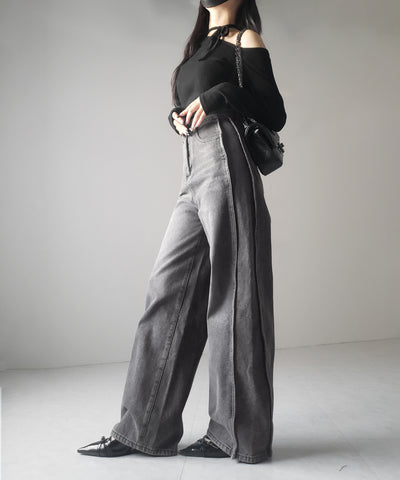 【 ３color ／ ４size 】サイドタック切替ハイウエストストレートデニム ／side tack kirikae highwaist straight denim