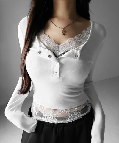 【 人気アイテムの長袖verが新登場！ 】レースレイヤードヘンリーネックスクエア長袖Ｔシャツ ／ lace layered henley neck square long sleeve T-shirt