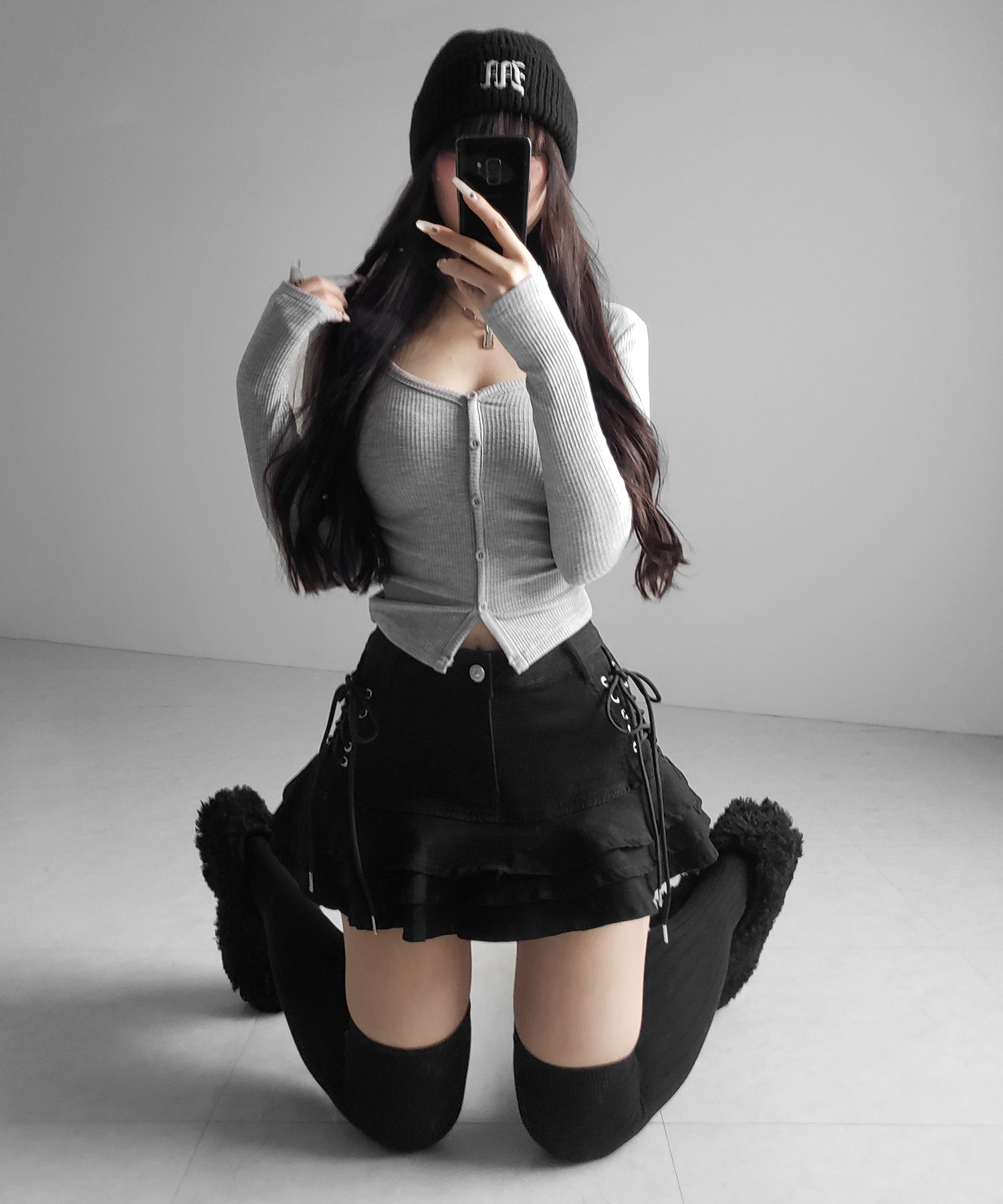 【 インパン裏地付 】レースアップブラックフリルミニスカート ／ laceup black frill mini skirt