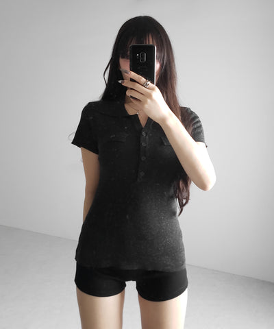 スキッパーボタンロングシアーニットトップス ／ skipper button long sheer knit tops