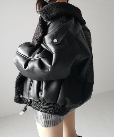 【 ２color 】フェイクレザーベルテッドボアムートンジャケット ／ fake leather belted boa mouton jacket