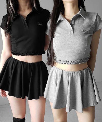 【 セットアップ 】ロゴプレート半袖トップス＋フレアミニスカパン SET ／( SETUP ) logo plate short sleeve tops + flared mini skirt pants