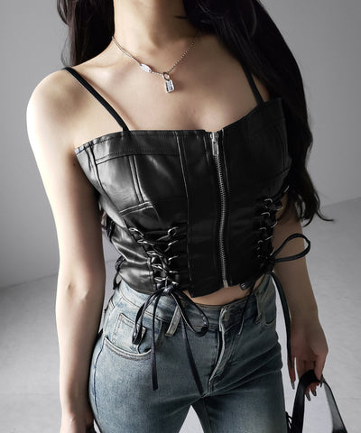 ダブルリボンレースアップフェイクレザーショートビスチェ ／ double ribbon laceup fake leather short bustier