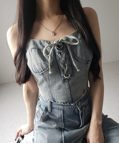 【 ２color 】レースアップリボンコルセットデニムビスチェ ／ lace up ribbon corset denim bustier