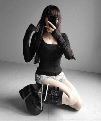 オープンネックタイトフィットルーズドレープ長袖Ｔシャツ ／ open neck tight fit loose drape long sleeve T-shirts