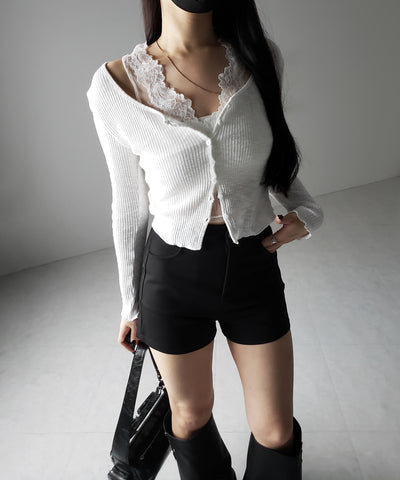 【 ２点セット 】レイヤードレースシアーリブカットソーカーディガン ／ layered lace sheer rib cut and sew cardigan