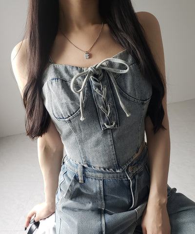 【 ２color 】レースアップリボンコルセットデニムビスチェ ／ lace up ribbon corset denim bustier