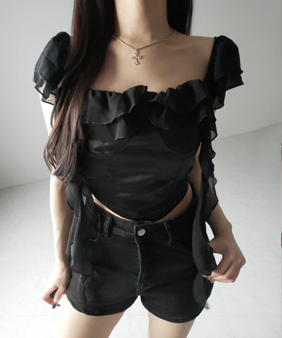 【 ２color ／ ２WAY 】シアーフリルコルセットサテンショートブラウス ／ sheer frill corset satin short blouse