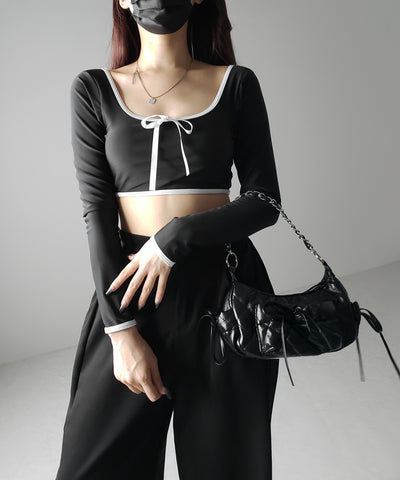 【 レディース水着／２点セット 】フロントリボンモノトーンハイウエストビキニ ／ front ribbon monotone high waist bikini