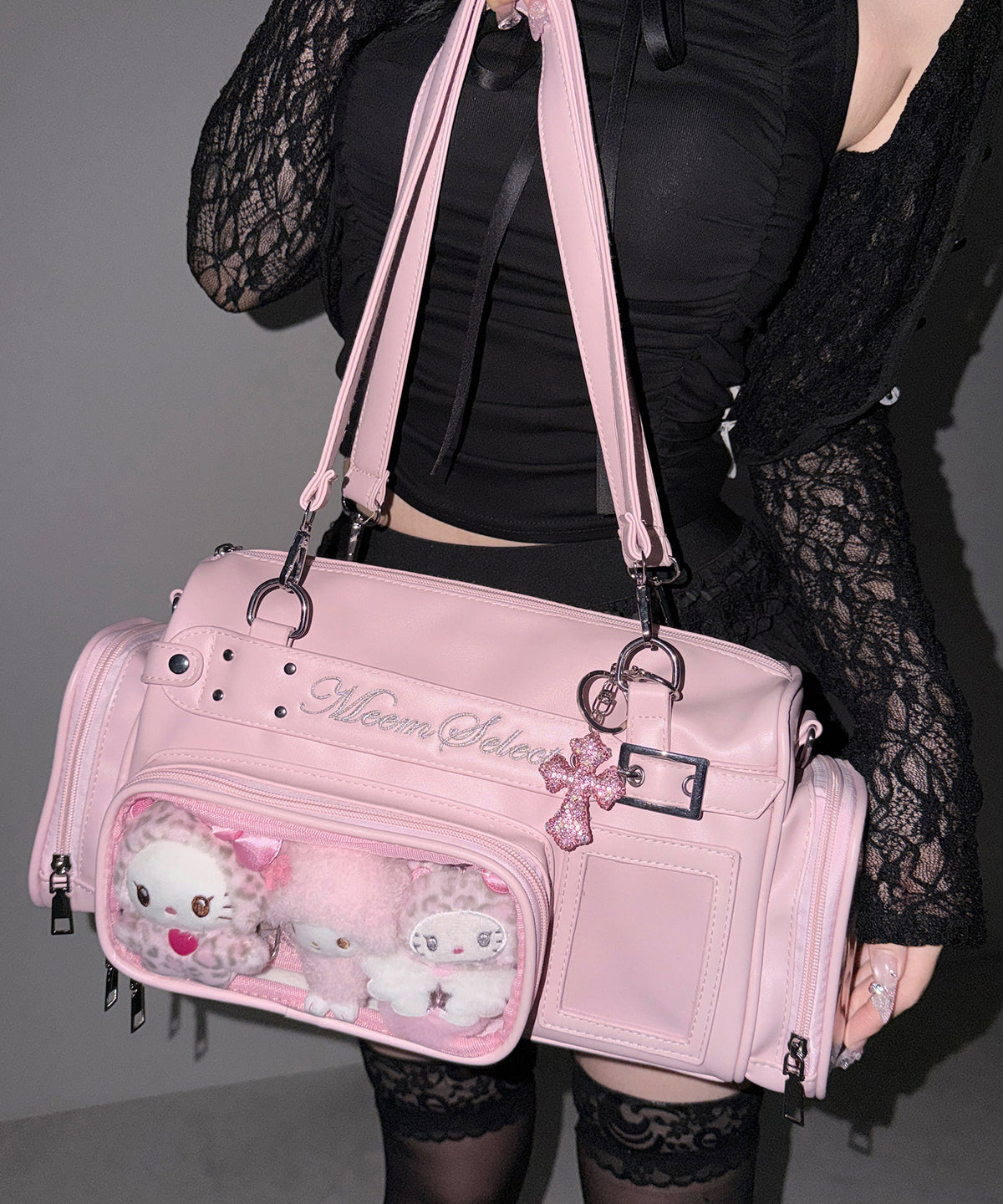 クリアポケット付きレタリング刺繍ショルダーバッグ ／ clear pocket lettering embroidery shoulder bag