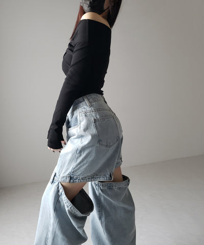 【 選べる３サイズ 】バックオープンカットアウトウォッシュワイドデニム ／ Back open cutout washed wide denim