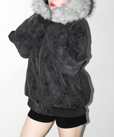 ファーフードヴィンテージフェイクレザーオーバーブルゾン ／ fur hooded vintage fake leather over blouson