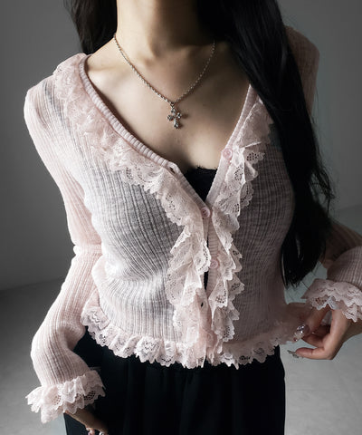 レースフリルシアーニットカーディガン ／ lace frill sheer knit cardigan