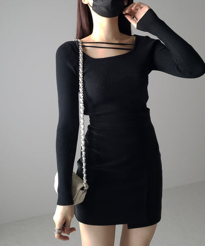 【 ３color 】２ストラップスクエアネックリブニット