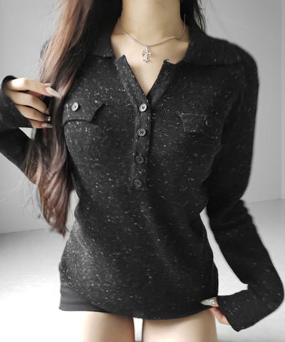スキッパーボタン長袖ロングニットトップス ／ skipper button long sleeve long sheer knit tops