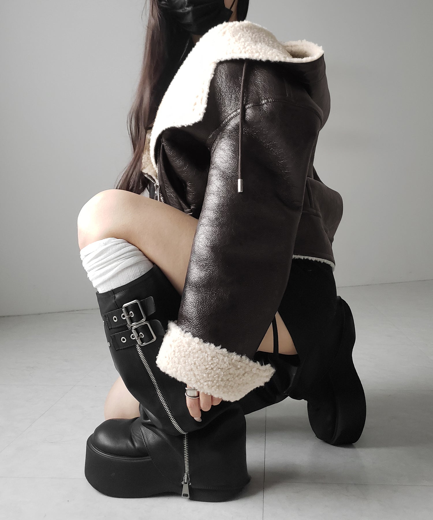 ヴィンテージレザーフーディボアムートンジャケット ／ vintage leather hoodie boa mouton jacket