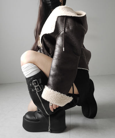 ヴィンテージレザーフーディボアムートンジャケット ／ vintage leather hoodie boa mouton jacket