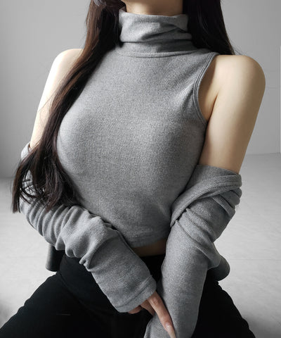 【 裏微起毛 ／ 2点セット 】ハイネックノースリーブトップス ＋ ショートカーディガン SET ／ high neck nosleeve tops + short cardigan SET