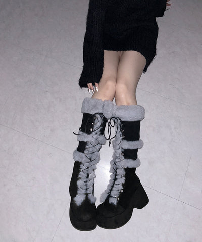 厚底レースアップムートンロングブーツ ／ platform laceup mouton long boots