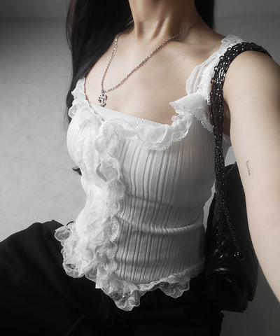 【 ２color 】レースフリルドッキングリブニットキャミタンク ／ lace frill docking lib knit cami tank