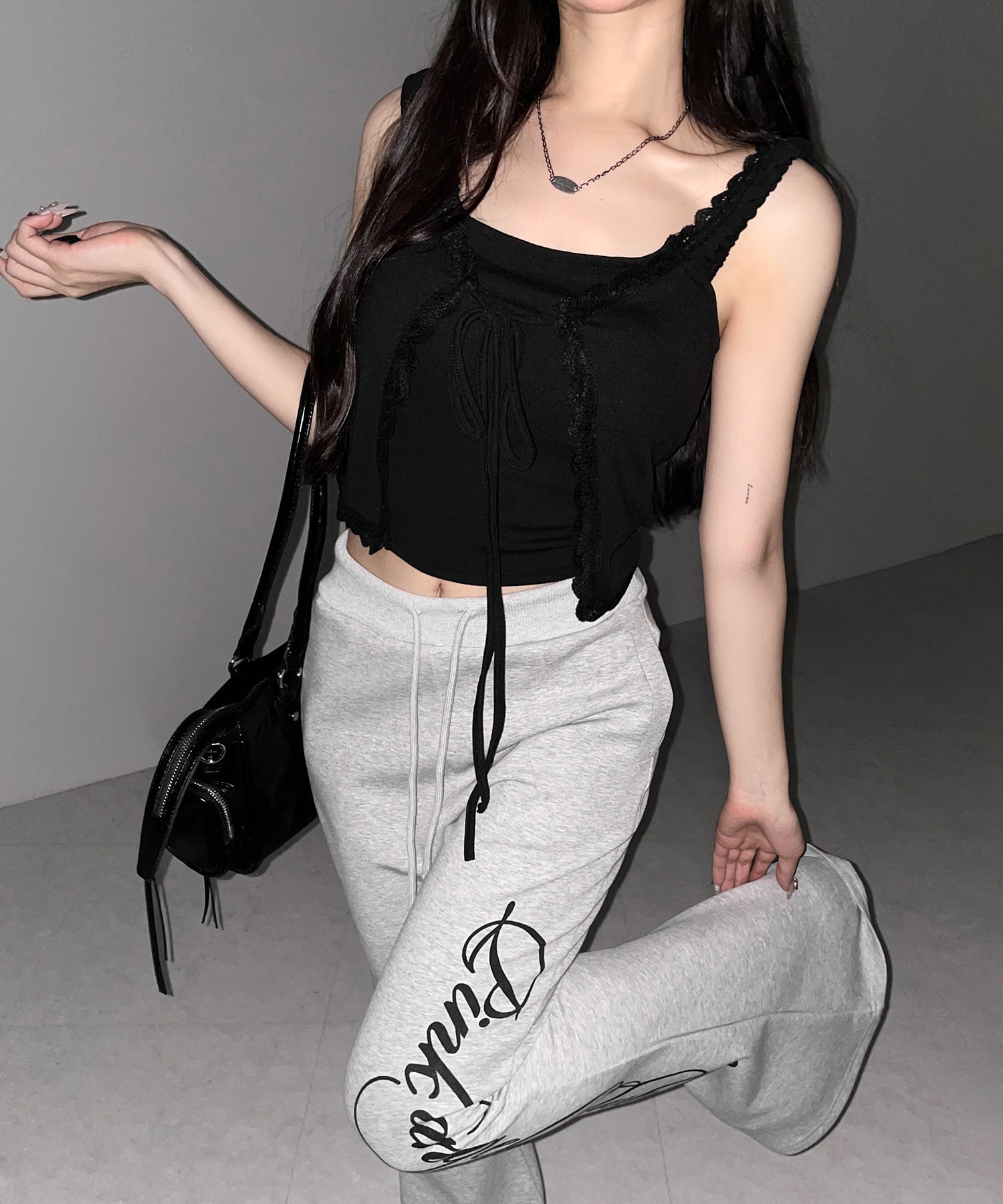 フロントリボンレイヤードリブキャミタンク ／ front ribbon layered lib camisole tank
