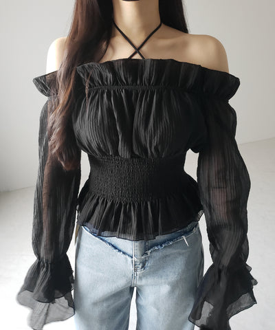 【 ２color ／ ２WAY 】ウエストシャーリングシアーフリルオフショルブラウス ／ waist shirring sheer frill off shoulder blouse