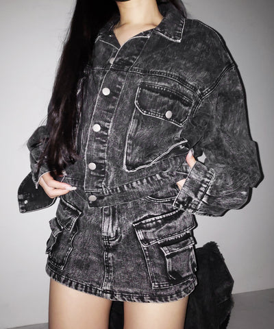 【 デニムセットアップ着用可能 】ヴィンテージケミカルブリーチカーゴデニムミニスカパン ／ vintage chemical bleach cargo denim mini skirt pants
