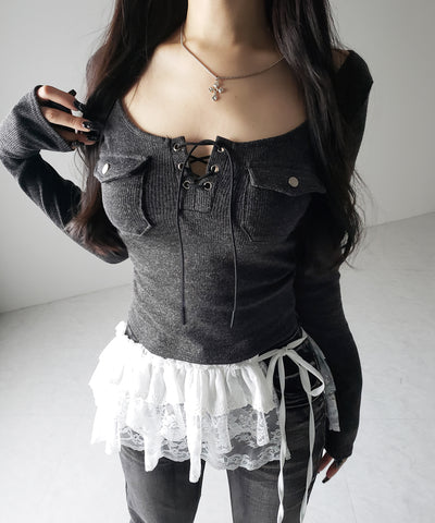 レースアップアウトポケットスリムリブトップス ／ lace up out pocket slim ribbed tops