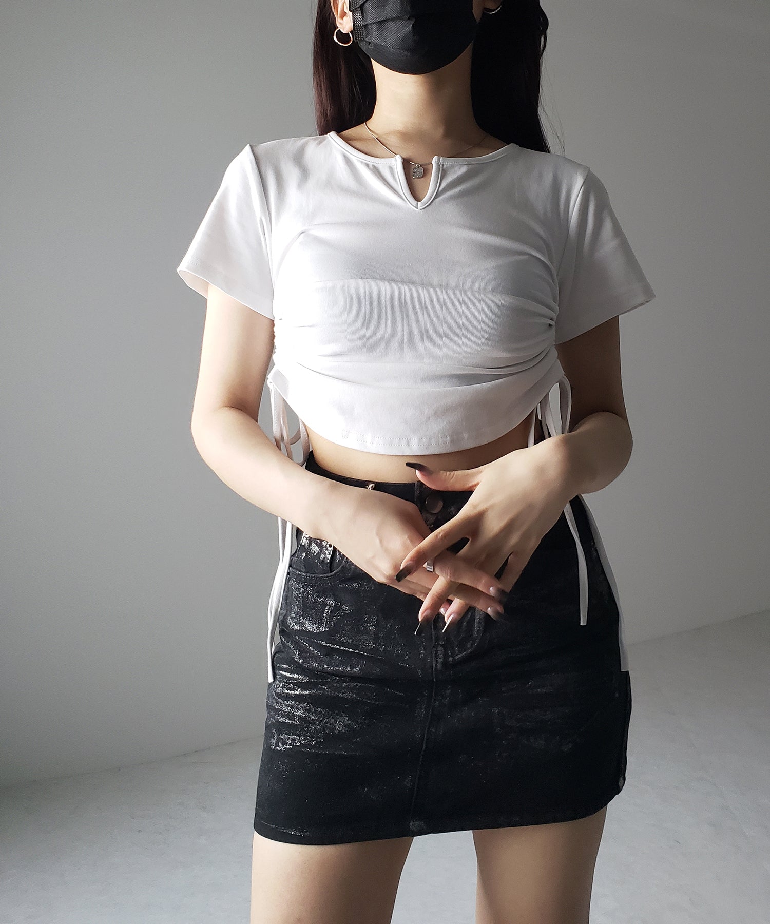 【 ２color 】サイドシャーリングリボン半袖ショートＴシャツ ／ side shirring ribbon short Tee