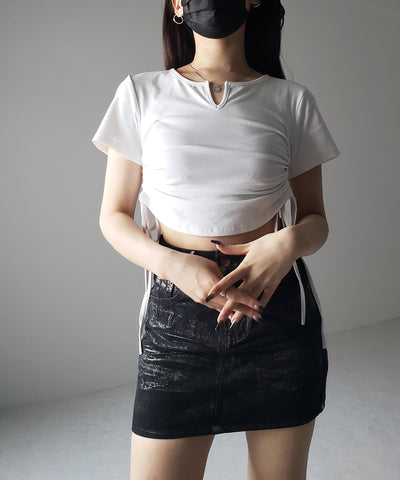 【 ２color 】サイドシャーリングリボン半袖ショートＴシャツ ／ side shirring ribbon short Tee