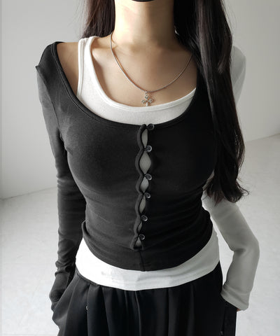 【 ２color 】ブロッキングセットレイヤードトップス ／ blocking set layered tops