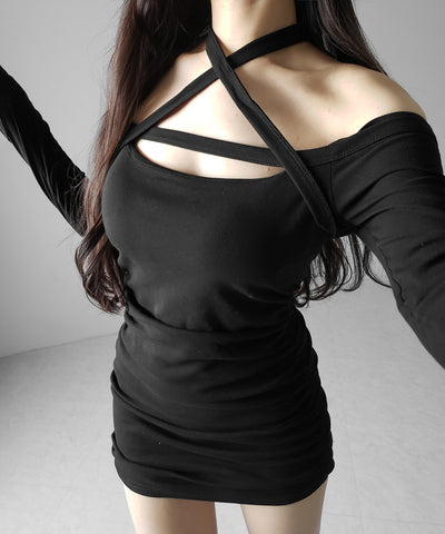 【 クロスネックにもできる３WAY 】フロントリボンオフショルワンホンタイトミニワンピース ／ front ribbon off shoulder wanghong mini onpiece