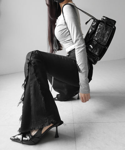 ヴィンテージライクフリンジストレッチフレアデニム ／ Vintage-like fringe stretch flare denim