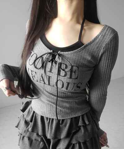 【 クロスネックにできる２WAY 】レースアップフェイクレイヤードロゴカットソートップス ／ laceup fake layered logo cutsew tops