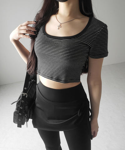 【 ２color 】ピンボーダースクエアネックショートＴシャツ ／ pin border square neck short T-shirt