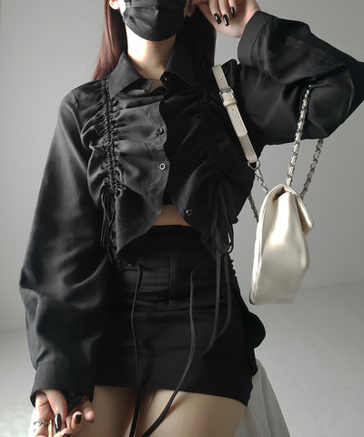 【 ３color 】ダブルリボンシャーリングショートシアーシャツ ／ double shirring ribbon short sheer shirts