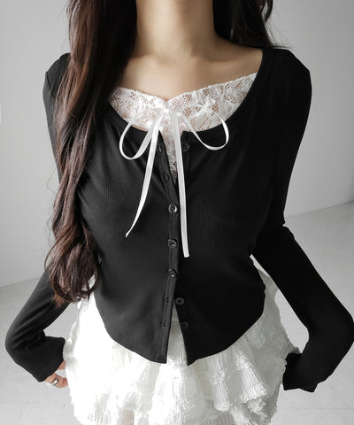 フロントリボンレースレイヤード長袖リブカーディガン ／front ribbon lace layered long-sleeve rib cardigan
