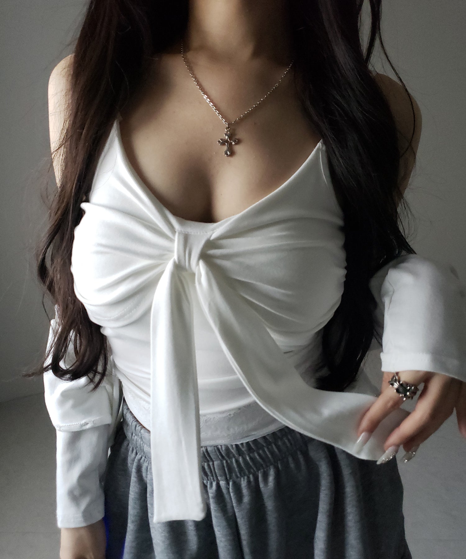 【 ２点セット 】リボンカットソーキャミソール ＋ カーディガンセット ／ribbon cutsew camisole + cardigan SET