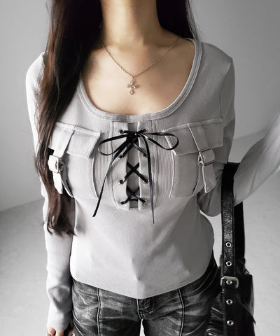 ヴィンテージレースアップアウトポケットスクエアリブロンT ／ vintage laceup outpocket square lib long slleve T-shirts
