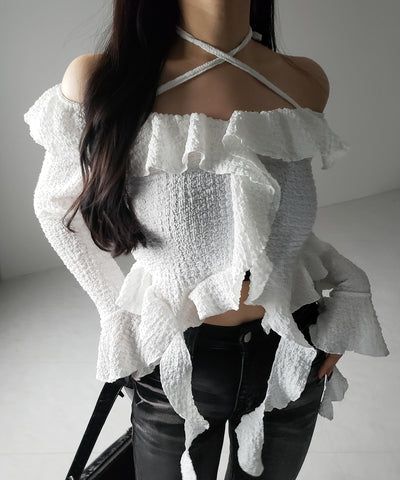 【 ２color 】クロスストラップリボンオフショルダーフリルブラウス ／ cross strap ribbon off shoulder frill blouse
