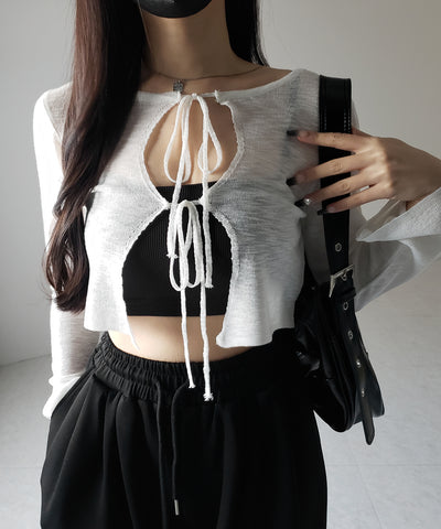 【 ２color 】ダブルリボンシアーニットショートカーディガン ／ double ribbon sheer knit short cardigan